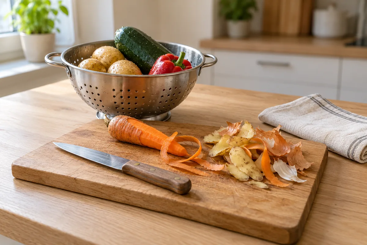 Schneidebrett mit Gemüseschalen beim Kochen, daneben ein Sieb mit gewaschenem Gemüse