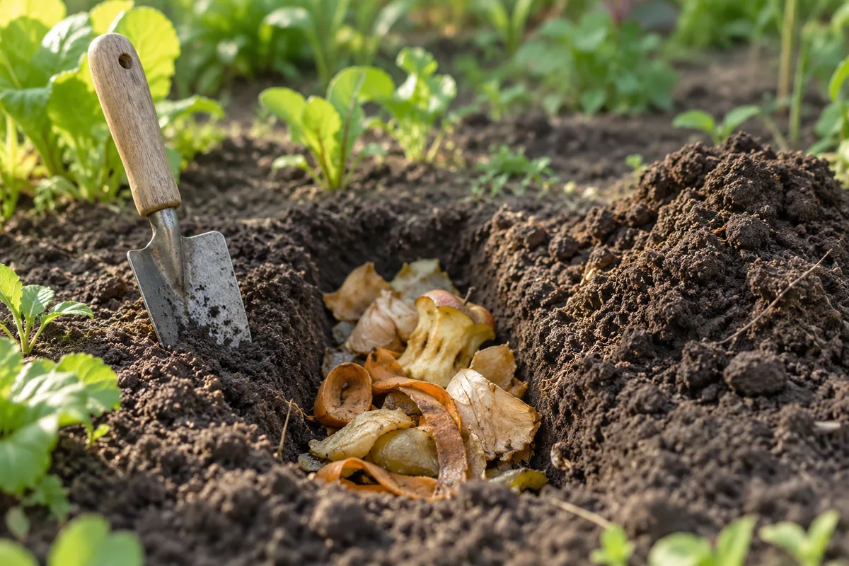 Fermentierte Küchenreste liegen in einem schmalen Graben im Gartenbeet, daneben eine Handschaufel
